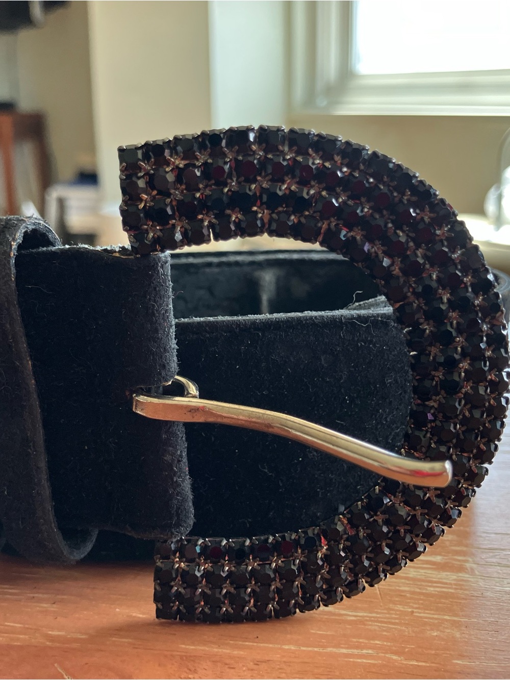 Black Crystal Buckle Suede Fashion Belt